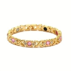 Gold Magnetic Therapy Bracelet With Pink And White Zircon